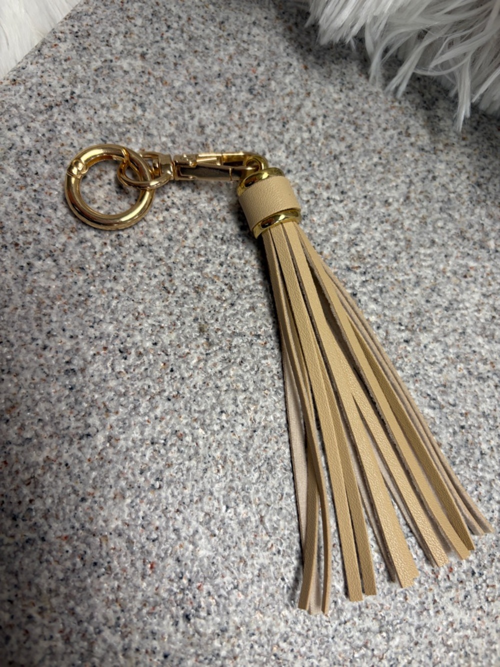 4” Neutral Tan Leather Tassel Keychain with Gold Hardware